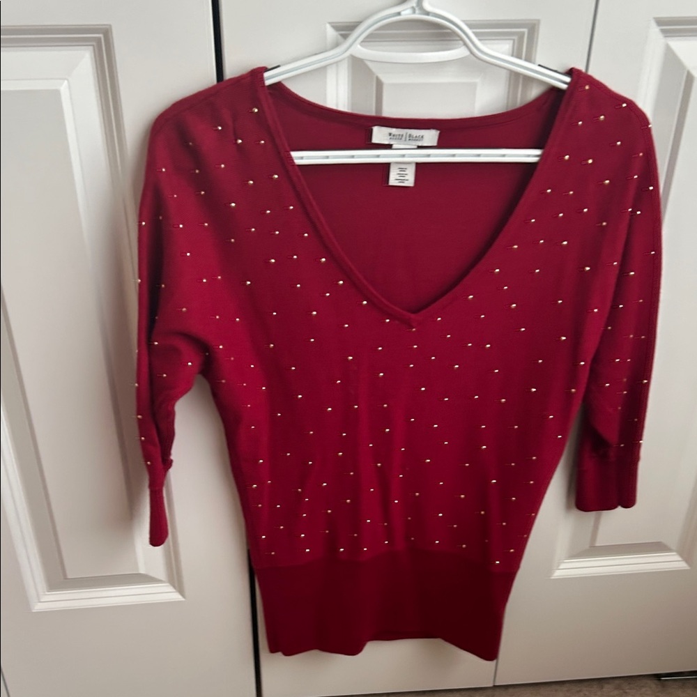 White House Black Market Red V-Neck Sweater with Stud Details